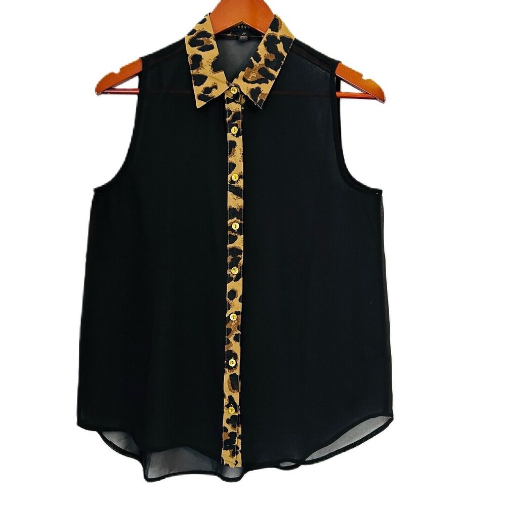 Edge Top Women M Black Leopard Gold Button Sheer Collar Office Party Maximalist